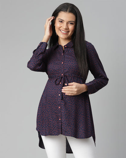 Wobbly Walk Indigo Blue Maternity Nursing Top-Polka Dots Print-Cotton Viscose-Bump Friendly