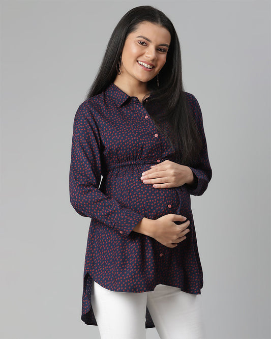 Wobbly Walk Indigo Blue Maternity Nursing Top-Polka Dots Print-Cotton Viscose-Bump Friendly