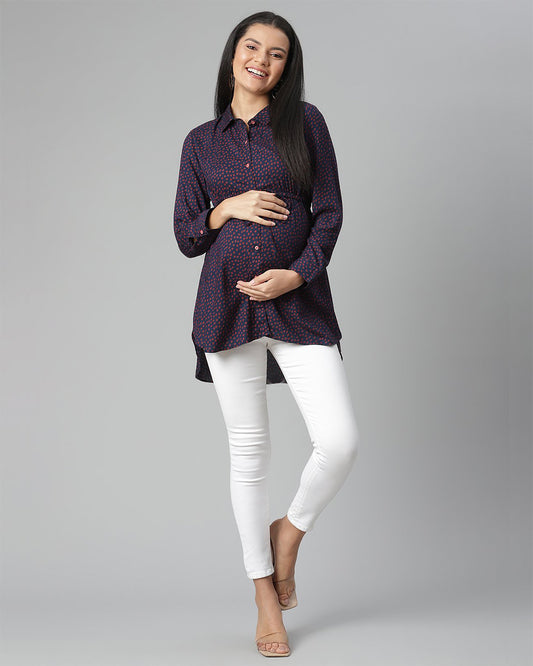 Wobbly Walk Indigo Blue Maternity Nursing Top-Polka Dots Print-Cotton Viscose-Bump Friendly