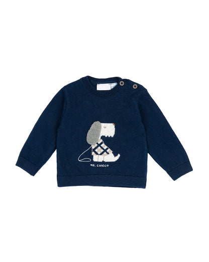 Chicco Navy Blue T-shirt-Dog Embroidered-Cotton & Wool-For Infants