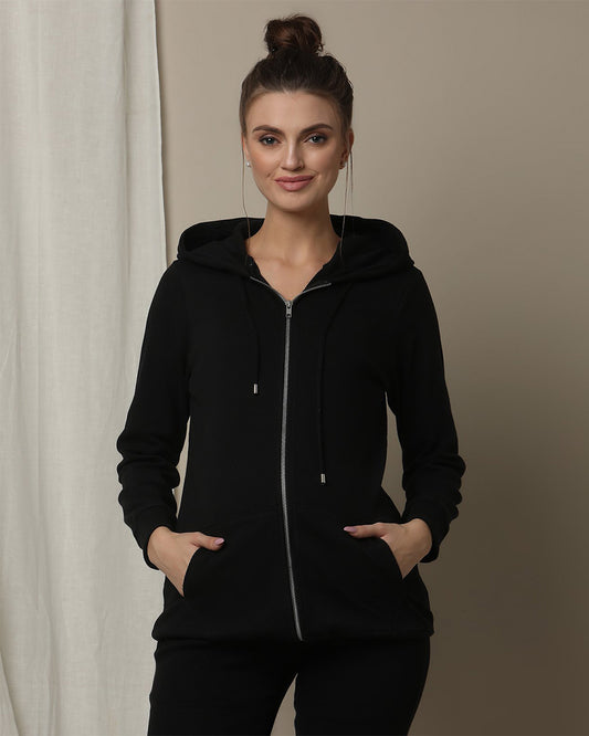 Wobbly Walk Black Maternity Nursing Rib Knit Hoodie-Solid Color-Cotton-Bump Friendly