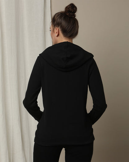 Wobbly Walk Black Maternity Nursing Rib Knit Hoodie-Solid Color-Cotton-Bump Friendly