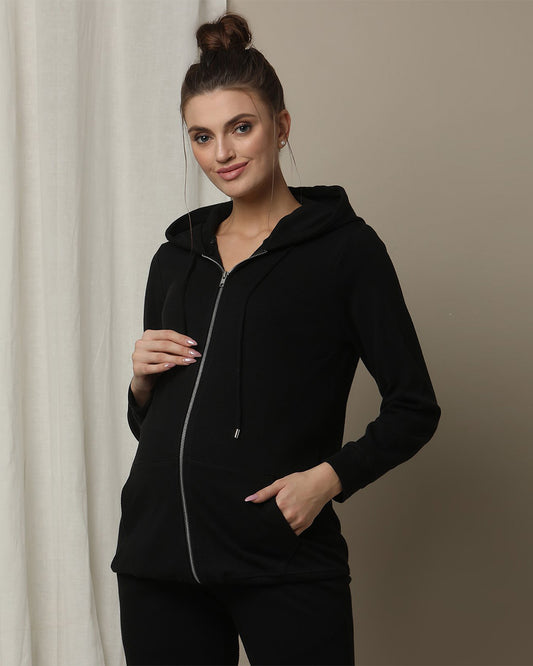 Wobbly Walk Black Maternity Nursing Rib Knit Hoodie-Solid Color-Cotton-Bump Friendly