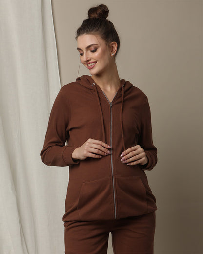 Wobbly Walk Brown Maternity Nursing Rib-Knit Hoodie-Solid Color-Cotton-Bump Friendly