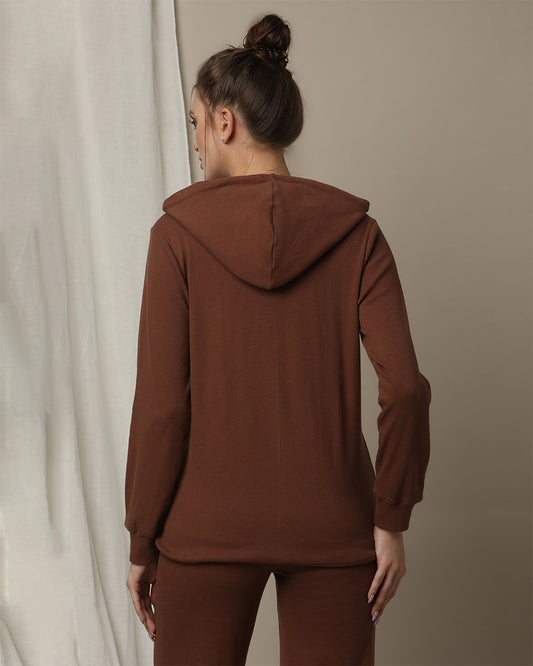 Wobbly Walk Brown Maternity Nursing Rib-Knit Hoodie-Solid Color-Cotton-Bump Friendly