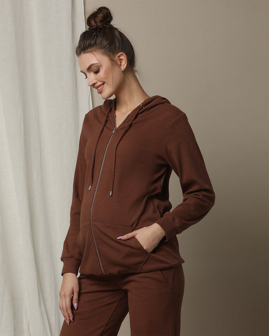 Wobbly Walk Brown Maternity Nursing Rib-Knit Hoodie-Solid Color-Cotton-Bump Friendly