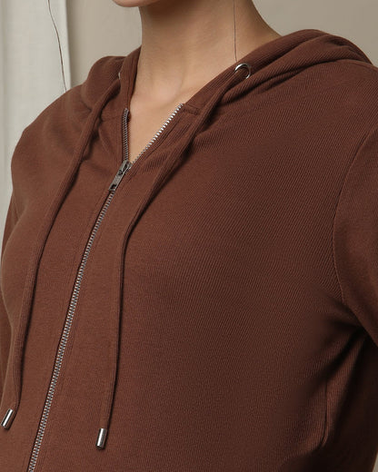 Wobbly Walk Brown Maternity Nursing Rib-Knit Hoodie-Solid Color-Cotton-Bump Friendly