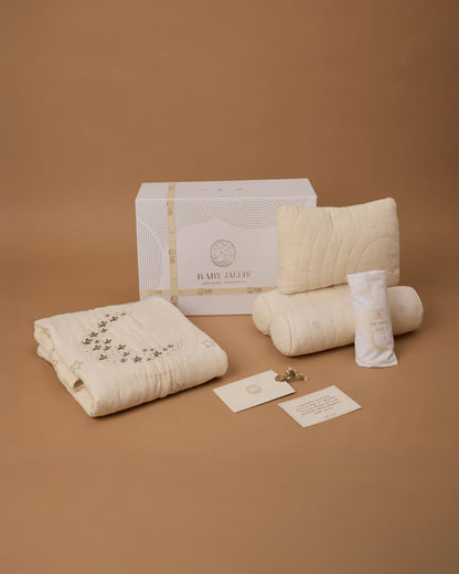 Baby Jalebi Cot Bedding Set-Luna-Hand Embroidered-100% Organic Cotton-Off White-For Infants