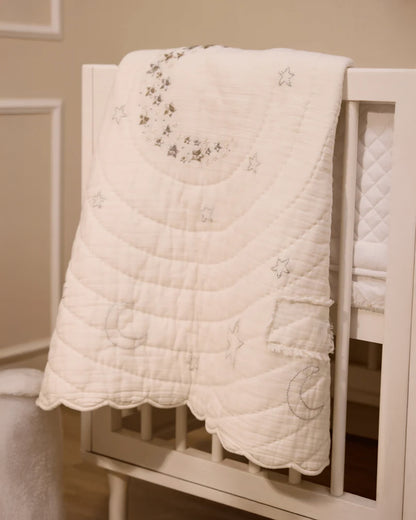 Baby Jalebi Cot Bedding Set-Luna-Hand Embroidered-100% Organic Cotton-Off White-For Infants