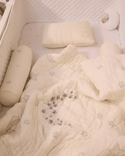 Baby Jalebi Cot Bedding Set-Luna-Hand Embroidered-100% Organic Cotton-Off White-For Infants