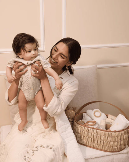 Baby Jalebi Cot Bedding Set-Luna-Hand Embroidered-100% Organic Cotton-Off White-For Infants