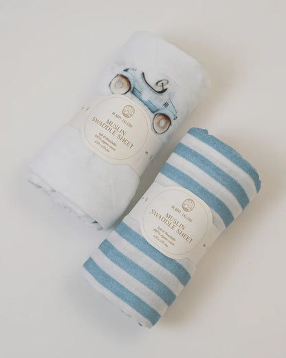 Baby Jalebi Organic Muslin Swaddle-Roadster-Blue & White-Pack of 2-Infant Wraps