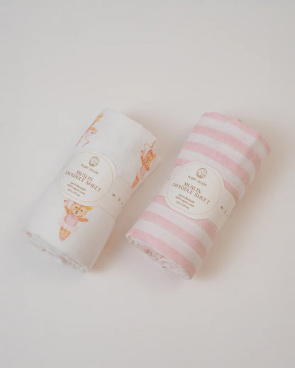 Baby Jalebi Organic Muslin Swaddle-Ballerina Bear-Peach & White-Pack of 2-Infant Wraps