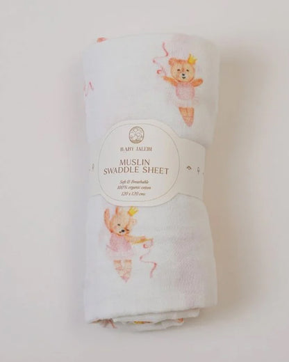 Baby Jalebi Organic Muslin Swaddle-Ballerina Bear-Peach & White-Pack of 2-Infant Wraps