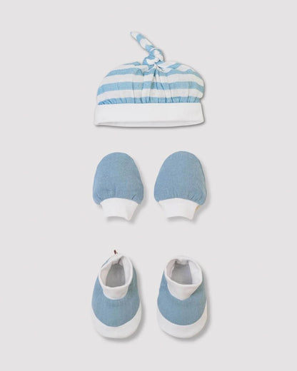 Baby Jalebi Blue Caps, Booties & Mittens Set-Striped-100% GOTS Certified Organic Cotton-For Infants