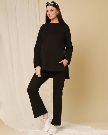 Wobbly Walk Black Maternity Nursing Sweatshirt-Solid Color-Fleece-Bump Friendly