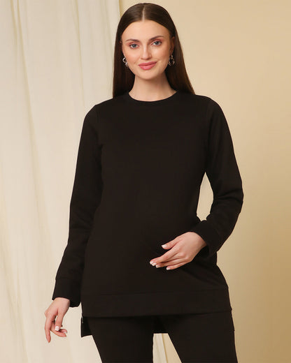 Wobbly Walk Black Maternity Nursing Sweatshirt-Solid Color-Fleece-Bump Friendly