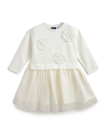 Chicco Off White Frock Dress-Printed-Cotton-For Infants