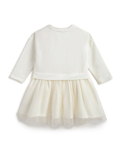 Chicco Off White Frock Dress-Printed-Cotton-For Infants