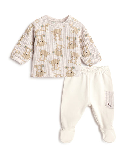 Chicco Off White & Beige Top & Legging Set-Printed-Cotton & Polyester-For Infants