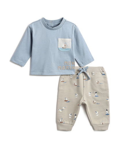 Chicco Light Blue & Beige T-shirt & Jogger Set-Solid-Cotton-For Infants