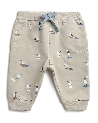 Chicco Light Blue & Beige T-shirt & Jogger Set-Solid-Cotton-For Infants