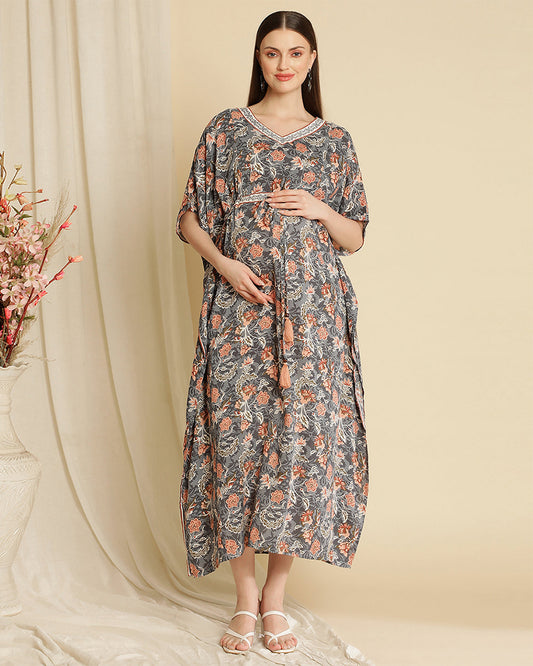 Wobbly Walk Grey Maternity Nursing Kaftan-V Neck-Floral Print-Cotton Viscose-Bump Friendly