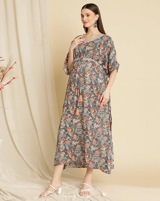 Wobbly Walk Grey Maternity Nursing Kaftan-V Neck-Floral Print-Cotton Viscose-Bump Friendly