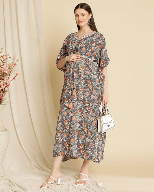 Wobbly Walk Grey Maternity Nursing Kaftan-V Neck-Floral Print-Cotton Viscose-Bump Friendly