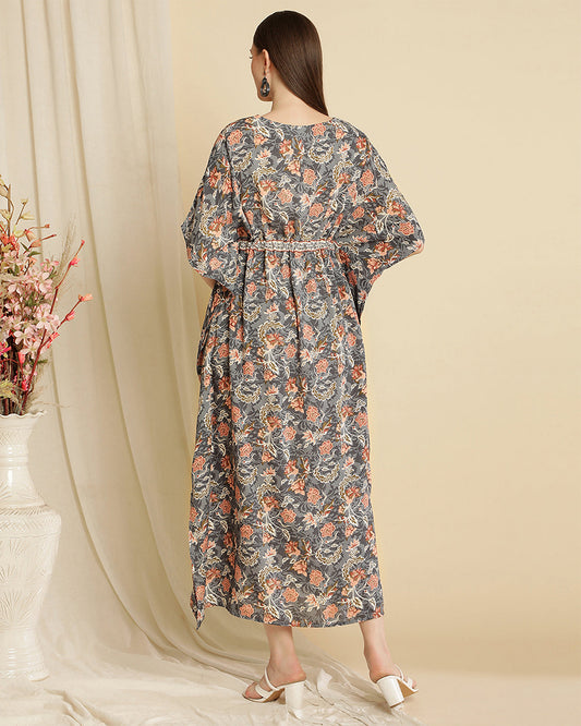 Wobbly Walk Grey Maternity Nursing Kaftan-V Neck-Floral Print-Cotton Viscose-Bump Friendly