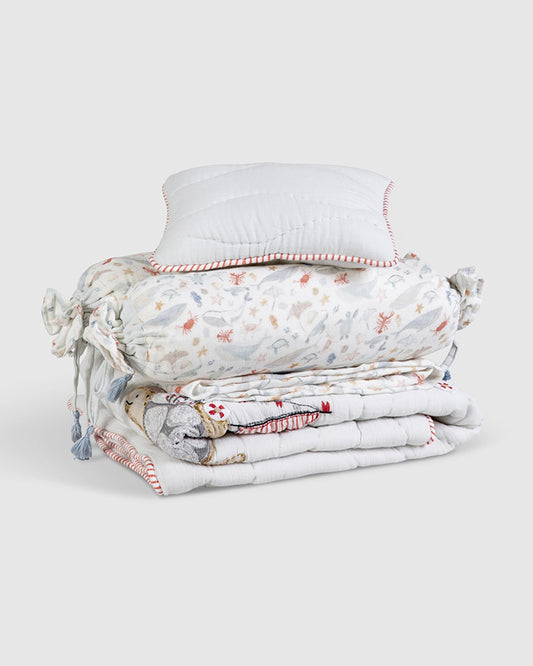 Aplito Baby Bedding Set-Turtle Tales-Hand Embroidered-100% Organic Muslin Cotton-White-For Infants