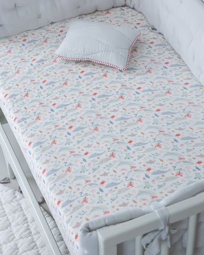 Aplito Baby Bedding Set-Turtle Tales-Hand Embroidered-100% Organic Muslin Cotton-White-For Infants