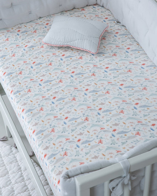 Aplito Baby Bedding Set-Turtle Tales-Hand Embroidered-100% Organic Muslin Cotton-White-For Infants