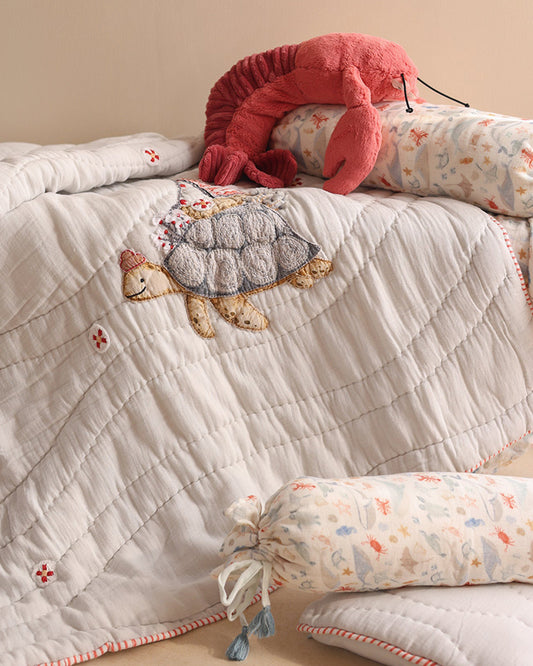 Aplito Baby Bedding Set-Turtle Tales-Hand Embroidered-100% Organic Muslin Cotton-White-For Infants