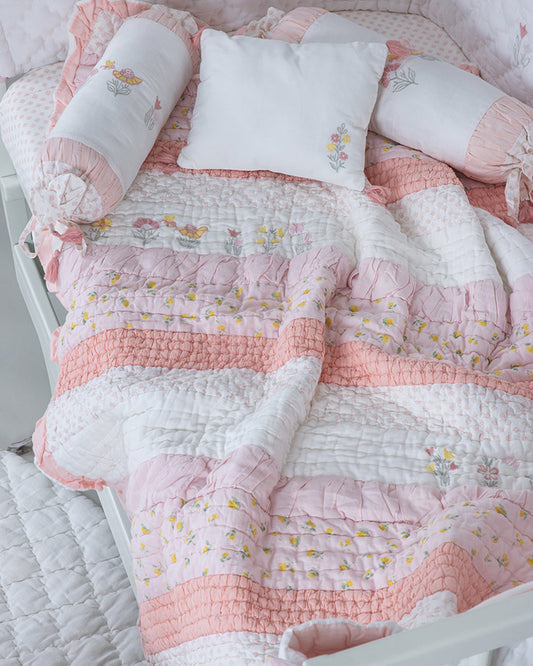 Aplito Baby Bedding Set-Bella Blush-Hand Embroidered-100% Organic Cambric Cotton-White & Pink-For Infants