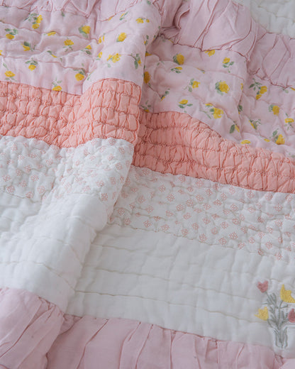 Aplito Baby Bedding Set-Bella Blush-Hand Embroidered-100% Organic Cambric Cotton-White & Pink-For Infants