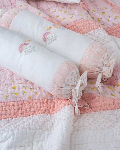 Aplito Baby Bedding Set-Bella Blush-Hand Embroidered-100% Organic Cambric Cotton-White & Pink-For Infants