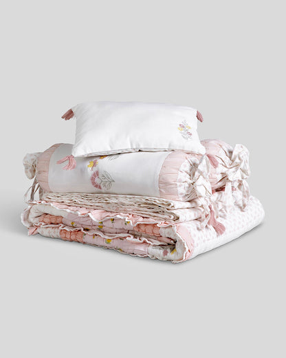 Aplito Baby Bedding Set-Bella Blush-Hand Embroidered-100% Organic Cambric Cotton-White & Pink-For Infants