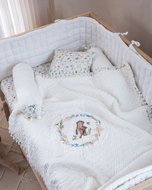 Aplito Baby Bedding Set-Bear & Bloom-Hand Embroidered-100% Organic Muslin Cotton-White-For Infants