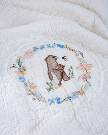 Aplito Baby Bedding Set-Bear & Bloom-Hand Embroidered-100% Organic Muslin Cotton-White-For Infants