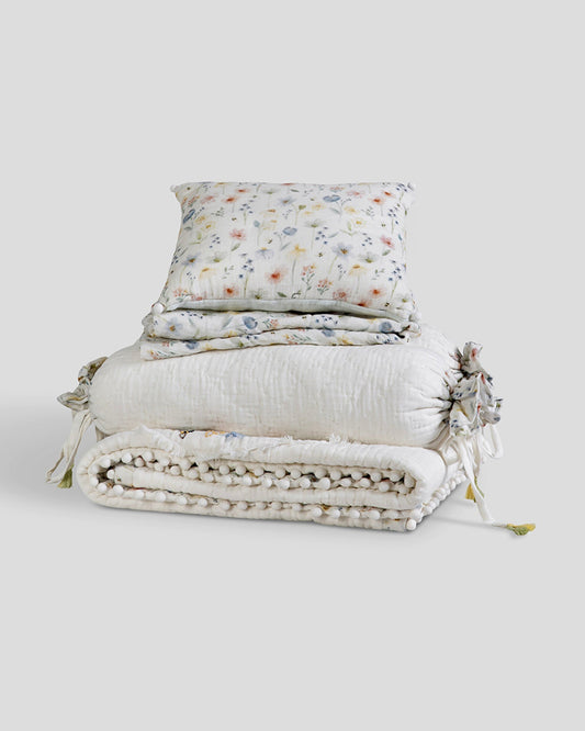 Aplito Baby Bedding Set-Bear & Bloom-Hand Embroidered-100% Organic Muslin Cotton-White-For Infants