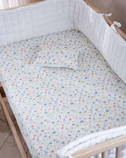 Aplito Baby Bedding Set-Bear & Bloom-Hand Embroidered-100% Organic Muslin Cotton-White-For Infants