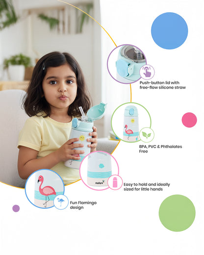 Nuluv Flamingo Steel Straw Sipper-With Push Button Lid-BPA & PVC Free-300 ml