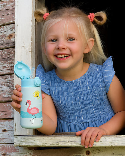 Nuluv Flamingo Steel Straw Sipper-With Push Button Lid-BPA & PVC Free-300 ml