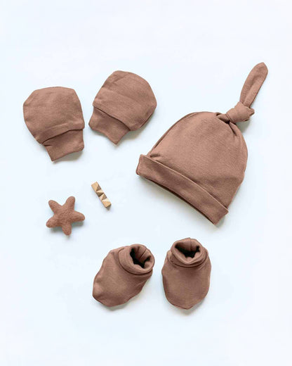 Cocoon Care Brown Caps, Booties & Mittens Set-Bamboo-Solid-For Infants