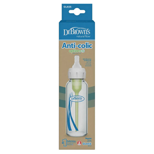 Dr. Brown’s Anti-Colic Options+ Narrow Glass Baby Bottle - 250ml - Slow Flow - 0 to 3M