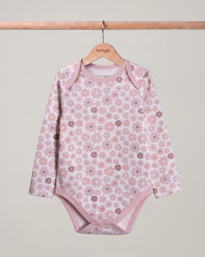 Twingle 100% Organic Cotton Bodysuit-Envelope Neck for Easy Dressing-Nickel Free Snaps-Long Sleeves-Floral Print-Pastel Pink-For Infants