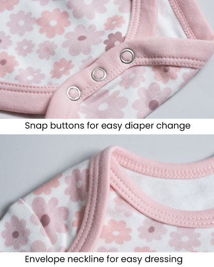 Twingle 100% Organic Cotton Bodysuit-Envelope Neck for Easy Dressing-Nickel Free Snaps-Long Sleeves-Floral Print-Pastel Pink-For Infants