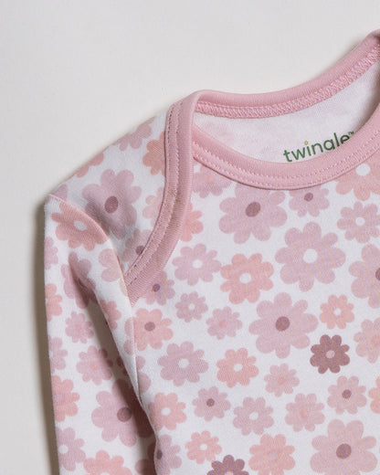 Twingle 100% Organic Cotton Bodysuit-Envelope Neck for Easy Dressing-Nickel Free Snaps-Floral Print-Pastel Pink-Pack of 2-For Infants