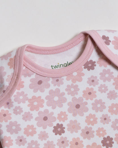 Twingle 100% Organic Cotton Baby Bodysuit-Long Sleeves-Nickel Free Snaps-Pastel Pink-Floral Print-For Infants
